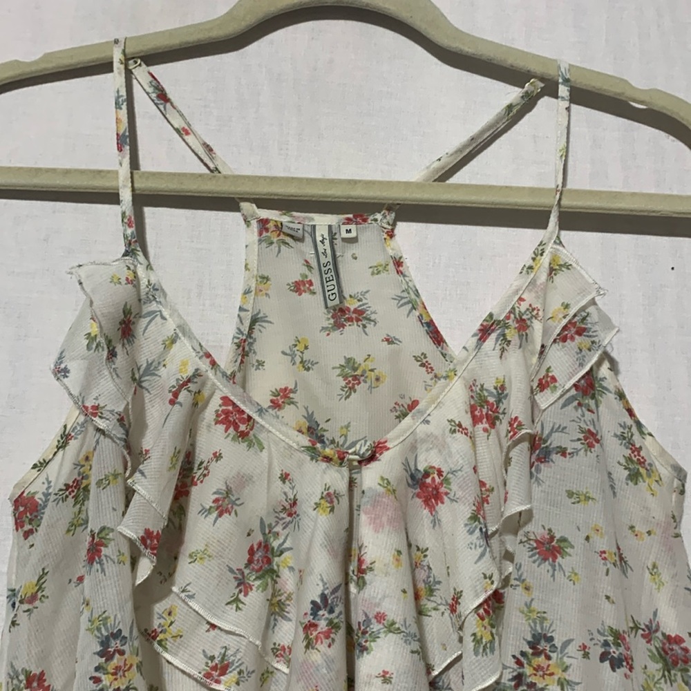 Guess Floral Ruffle Tank Top - Cream Multi - Picture 2 of 6
